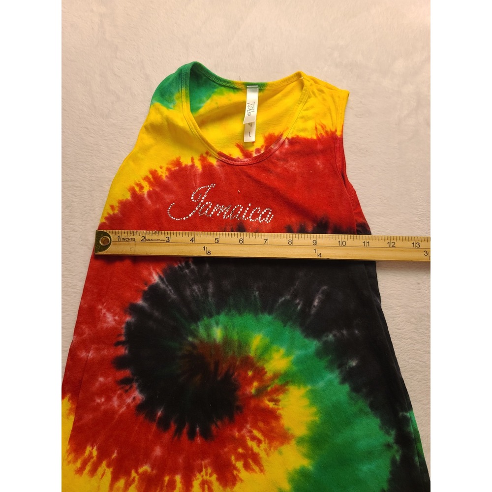 Jamaica Tie Dye Fringe Tank Top Rasta Rhinestone Sleeveless Women's Shirt Large - Picture 9 of 13